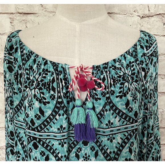 Pappagallo Colorful Boho Peasant Tunic Blouse Top Rayon Tie Neck Tassels Size M - Picture 2 of 4